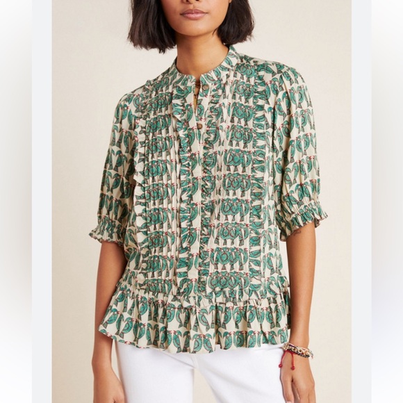 ANTHROPOLOGIE MAEVE Birdie Ruffled Button-down Blouse 6 tropical vacation resort - Picture 2 of 11